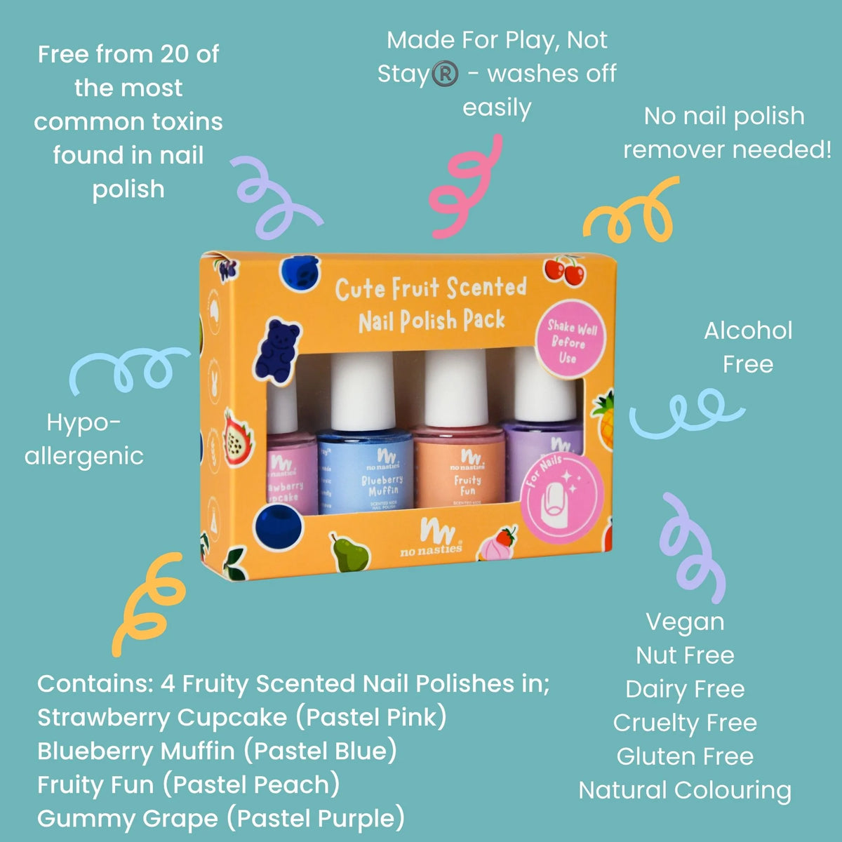 A boxed set of four fruit scented nail polishes displayed on a teal background with marketing text callouts around it. The package is orange with fruit illustrations and shows four nail polish bottles in pastel pink, blue, peach, and purple.