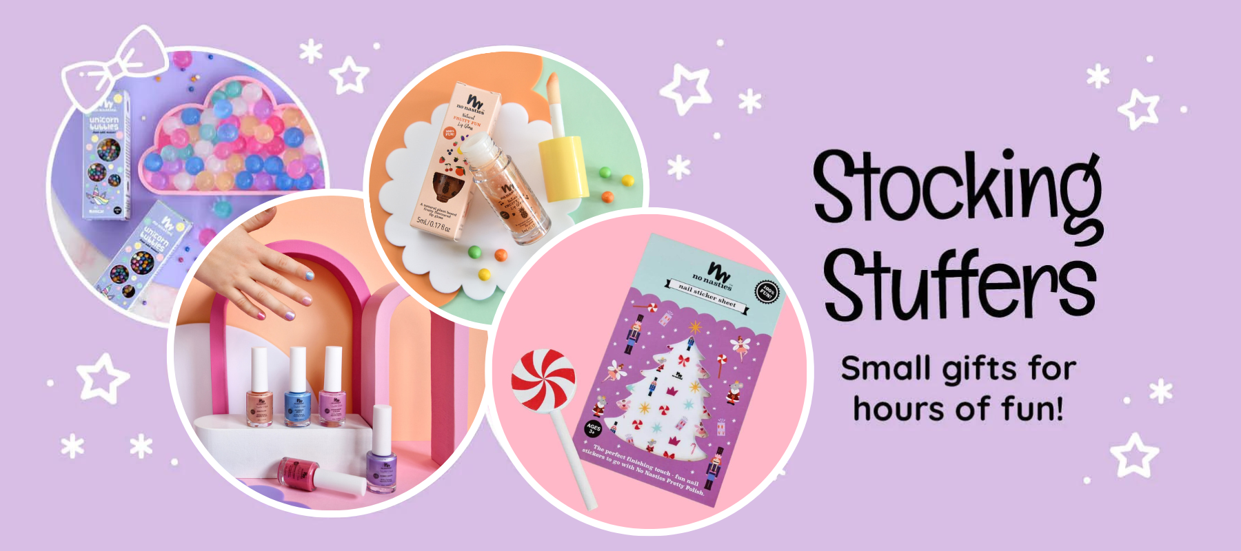 stocking stuffers kids love nail polish lip gloss and Unicorn bubbles on purple background