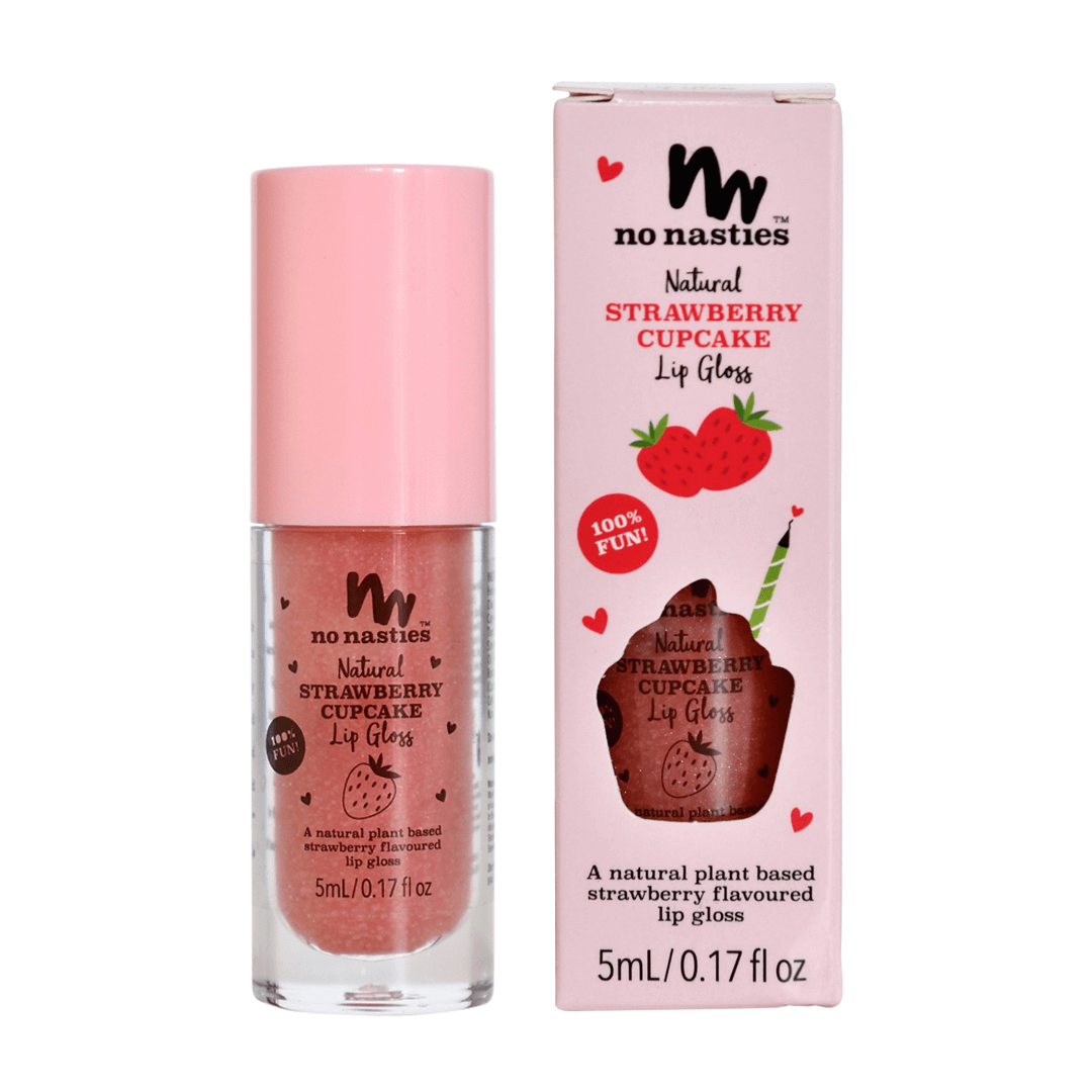 strawberry lip gloss on pink and green background