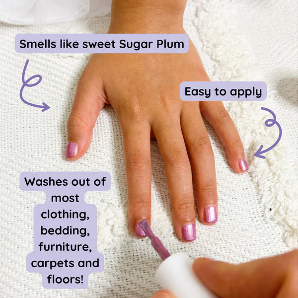 Hand with pink nail polish applying nail polish, with text describing product features.