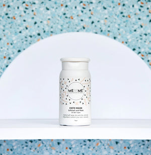 White MEBEME skincare product bottle with a patterned label on a white background