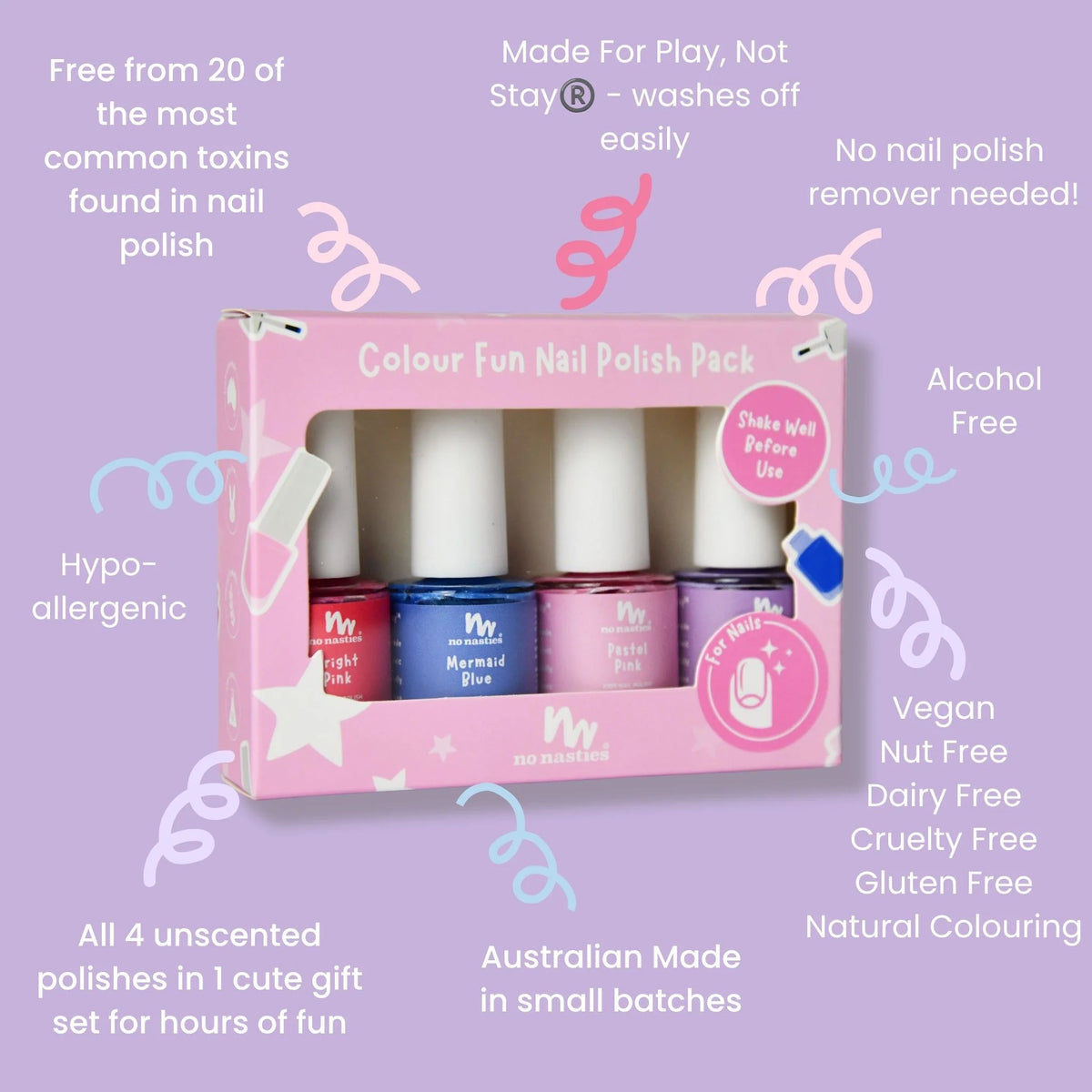 4 Pack Water-Based Kids Nail Polish | Blue, Purple, Pastel Pink and Bright Pink