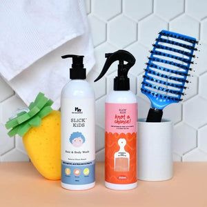 Hair and body wash detangling spray and blue hair brush value bundle