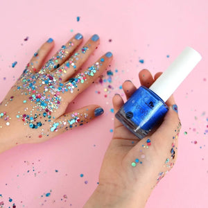 Mermaid Blue Water Nail Polish with bio glitter hands